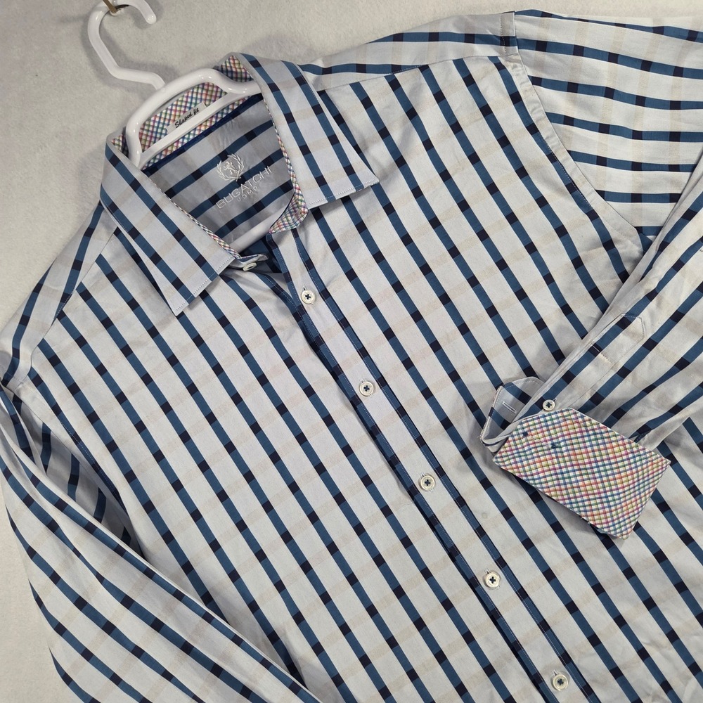 Bugatchi Uomo Mens Shaped Fit Long Sleeve Check Button Up Blues L/XT 100% Cotton